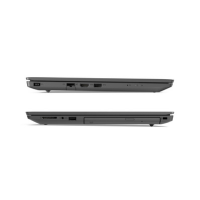 Side views of the Lenovo V130-15IKB i5 7200U laptop reveal USB, Ethernet, HDMI, audio jack, and SD card slot ports. This refurbished 15.6" HD Lenovo model features a slim design with a matte black finish and comes with a 1-year warranty.