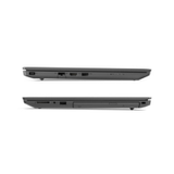 Side views of the Lenovo V130-15IKB i5 7200U laptop reveal USB, Ethernet, HDMI, audio jack, and SD card slot ports. This refurbished 15.6" HD Lenovo model features a slim design with a matte black finish and comes with a 1-year warranty.