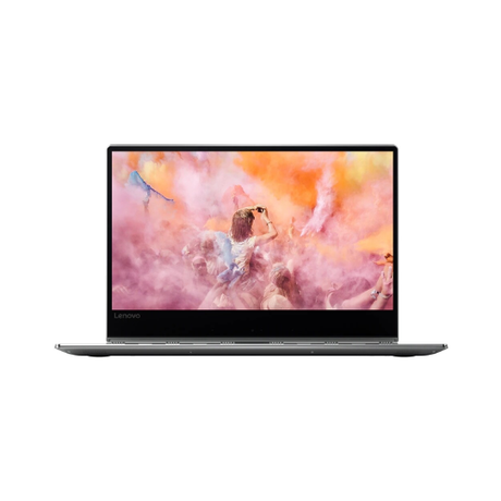 A Lenovo Yoga 910-13IKB i5 laptop with a slim bezel and vibrant image of people celebrating with colorful powder on its 14" 4K UHD touch display, set against a white background.