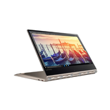 A silver Lenovo Yoga 910-13IKB Core i5 laptop is shown in tent mode with a 14" 4K UHD touch display displaying vibrant gondolas at sunset, set against a white background.