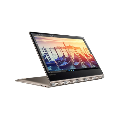 A silver Lenovo Yoga 910-13IKB Core i5 laptop is shown in tent mode with a 14" 4K UHD touch display displaying vibrant gondolas at sunset, set against a white background.
