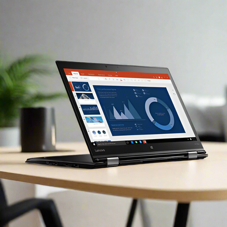A Lenovo ThinkPad X1 Yoga i5 6300U 2.4GHz 8GB 256GB SSD Touch 14 W10P sits open on a light-colored desk, displaying charts and graphs, with a blurred green plant and a cup visible in the background.