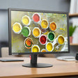 A refurbished Lenovo ThinkVision T2254p 22" 1680x1050 monitor (NO STAND) displays open paint jars in red, yellow, white, and green. The blurred background suggests an indoor office or workspace setting.