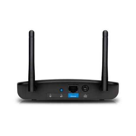 Back view of a certified refurbished Linksys WAP300N Wireless-N Dual-Band Access Point by Linksys, featuring two antennas, visible Ethernet ports, power input, and indicator lights against a white background.