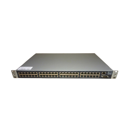 A metal network switch with 48 Ethernet ports and a front console port, rack-mountable, shown on a white background. It pairs seamlessly with the TP-Link MGE Midspan 24 24-Port 200W 1U PoE Injector.