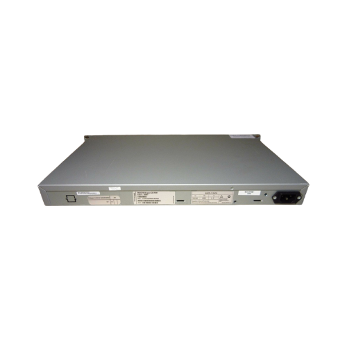 A rear view of the TP-Link MGE Midspan 24 24-Port 200W 1U PoE Injector (Wty) displays multiple ports, labels, and a power connector, all isolated on a white background. This device supplies up to 200W for connected equipment.