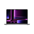 A refurbished Apple MacBook Pro A2780 M2 Pro 16" (Space Grey) with 16GB RAM and 512GB SSD displays a geometric, abstract purple and black wallpaper on its Liquid Retina XDR screen, set against a plain white background.