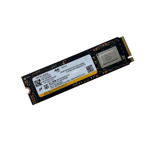 An Intel Micron 3400 2TB M.2 2280 NVMe PCIe Gen4 SSD with a label displaying technical details, barcodes, and QR codes is shown; this SSD delivers up to 6600MB/s speed and 1200TBW endurance.
