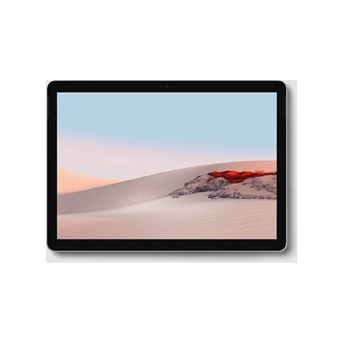 A Microsoft Surface Go 2 4425Y (10.5 Touch, 8GB RAM, 128GB SSD) is centered on a white background, displaying a desert scene with sand dunes and blue sky. Powered by Windows 11 Pro for seamless productivity.