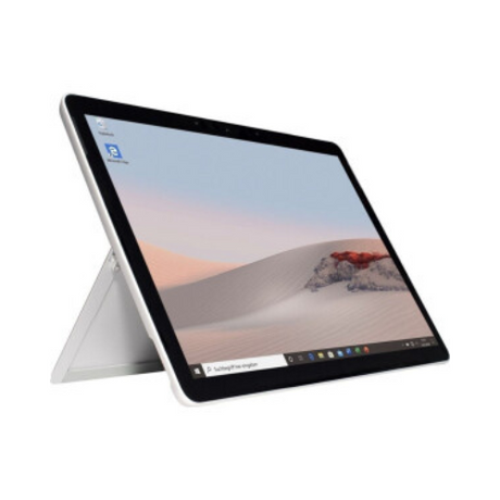 A Microsoft Surface Go 2 4425Y 1.7GHz 8GB 128GB, shown in silver with its kickstand open, displays a desert landscape on its 10.5 touchscreen and runs Windows 11 Pro.