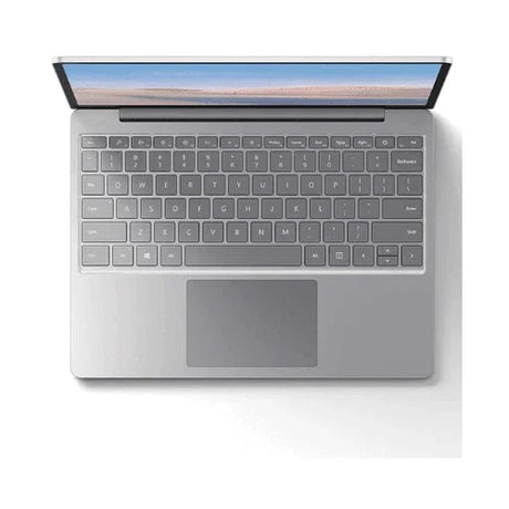 A silver Microsoft Surface Go Tablet i5 1035G1 with 8GB RAM, 256GB SSD, and a 12.4" touch display is shown from above—ideal for those looking for Microsoft parts or a tablet for repair.