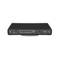 A black MikroTik hAP ac3 AC1200 Dual-Band Gigabit Router with five ports, shown against a white background. This Certified Refurbished unit features indicator lights and front panel antenna connectors. Brand: MikroTik.
