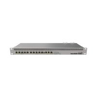 Front view of a MikroTik RB1100AHx4 1U Router, a Certified Refurbished enterprise rackmount unit with 13 Gigabit Ethernet ports and indicator lights, ideal for server or data center environments.