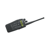 A black Motorola DP3600 Display Portable Two-Way Radio by Motorola with a keypad and screen, control knobs, and a long antenna is shown against a white background.