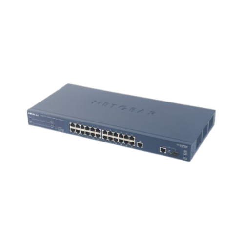The Netgear ProSafe FS726TP 24-Port 10/100 PoE Smart Switch offers 24 Ethernet ports in a durable, dark blue metal case.
