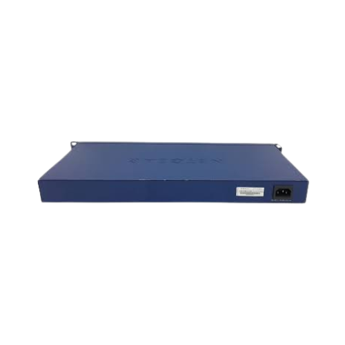 A blue rectangular NETGEAR FS752TS 48-Port 10/100 Smart Switch with 4 Gigabit ports, shown from the back with power input, label, and side mounting brackets. Certified Refurbished for reliable performance. 1-year warranty included.