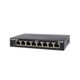 A certified refurbished Netgear GS308V3 8-Port Gigabit Ethernet Switch (Unmanaged) is displayed in black with indicator lights, shown from the front against a white background.