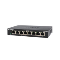 A certified refurbished Netgear GS308V3 8-Port Gigabit Ethernet Switch (Unmanaged) is displayed in black with indicator lights, shown from the front against a white background.