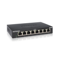 A certified refurbished NETGEAR GS308V3 8-Port Gigabit Ethernet Switch (unmanaged, with warranty) is shown on a white background.