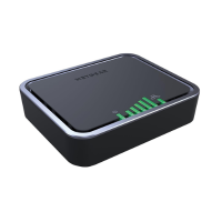 A compact black NETGEAR LB2120 4G LTE modem with dual Gigabit Ethernet ports, green LED indicators on the front, and offered as certified refurbished.