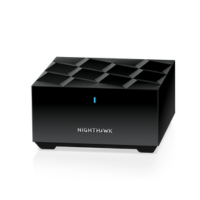 The NETGEAR Nighthawk MR60 WiFi 6 AX1800 Mesh Router features a black rectangular design with a grid top, blue indicator, and NIGHTHAWK branding. Dual band gigabit. Certified Refurbished for reliable performance.