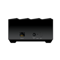 Rear view of a NETGEAR Nighthawk MR60 WiFi 6 AX1800 Mesh Router showing Ethernet port, power input, reset and sync buttons. The top edge is angular with a ridged design.