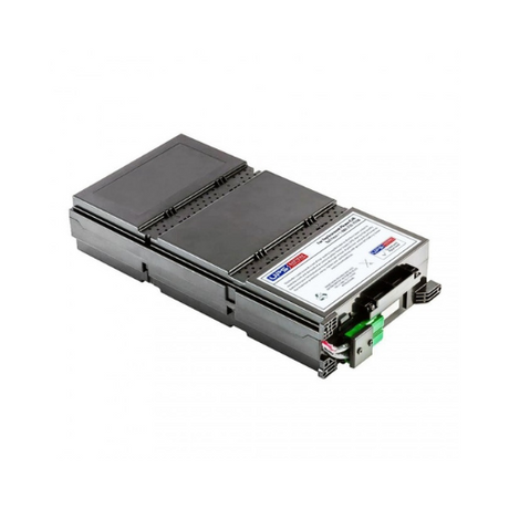 Rectangular black and gray NEW APC 911-1086A Compatible UPS Replacement Battery Pack Cartridge by APC, featuring a white label, electrical connectors, and green latch on one end, shown on a plain white background.