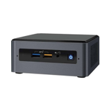 The refurbished Intel NUC8I3BEH Mini PC (i3-8109U 3GHz, 4GB RAM, 128GB SSD, no OS) by Intel features a sleek black design with front power button, two USB ports, and an audio jack.