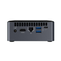 The refurbished Intel NUC8I3BEH Mini PC (i3-8109U 3GHz, 4GB RAM, 128GB SSD, no OS) by Intel features a dark gray ventilated case and a back panel with power, HDMI, Ethernet, USB-C, and two USB 3.0 ports.