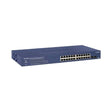 A certified refurbished Netgear ProSafe GS724TP 24-Port Gigabit PoE Switch, in a blue rack-mountable metal case, is shown on a white background. Includes warranty.
