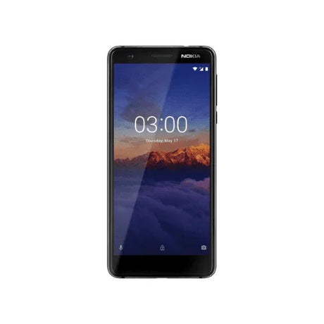 A refurbished Nokia 3.1 16GB Black Unlocked Smartphone (AU STOCK, Warranty) displays the time 03:00 and May 17 on a mountain landscape screen—an affordable Nokia device ideal for daily use.