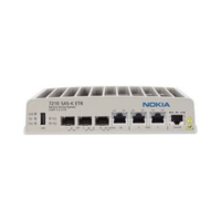 Front view of the Nokia 7210 SAS-K ETR Service Router, a Carrier Ethernet IP/MPLS switch by Nokia, featuring multiple Ethernet and fiber optic ports, indicator lights, and a vented top for efficient cooling and reliable connectivity.