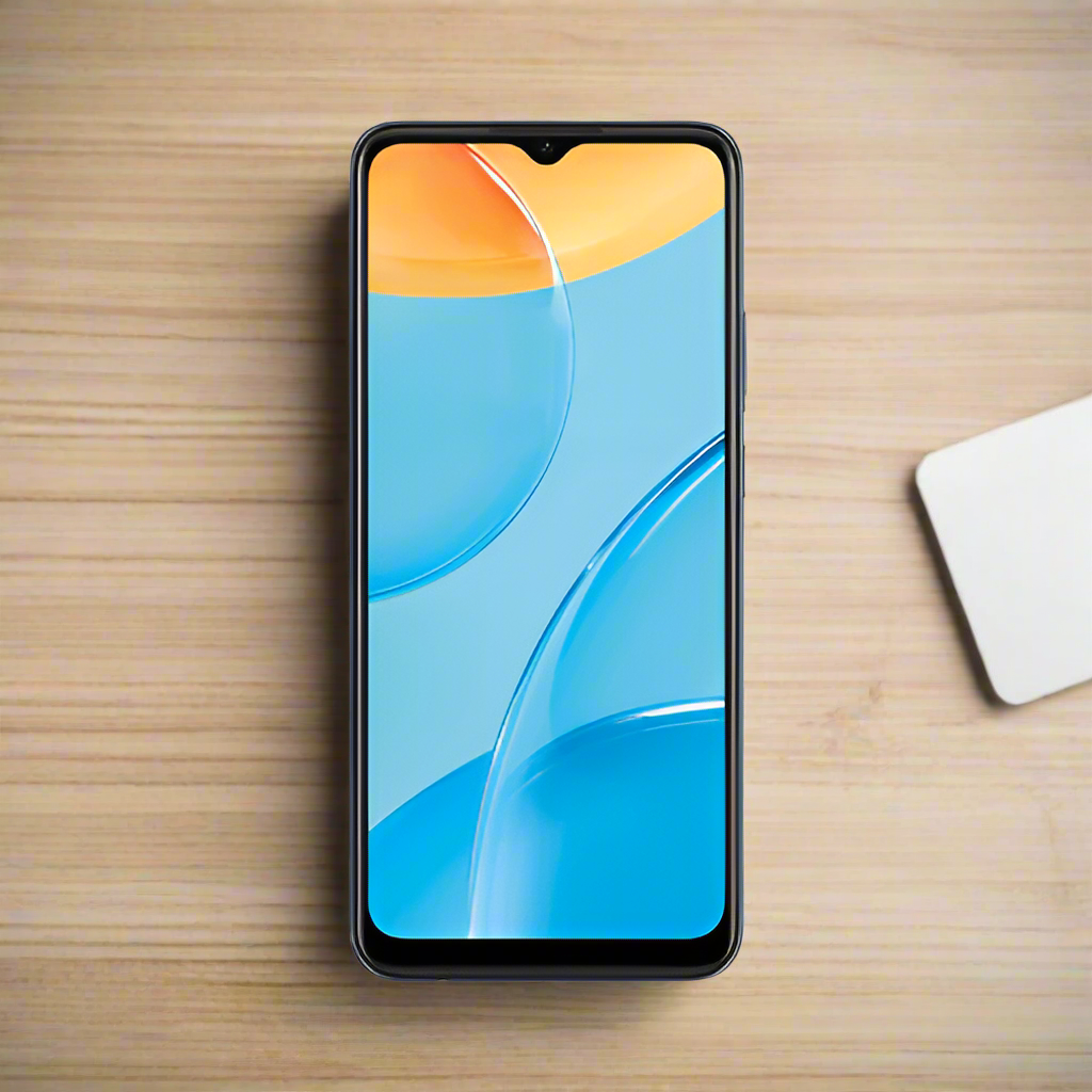 An OPPO A15 CPH2185 32GB Black Smartphone Unlocked (AU STOCK, warranty) with a colorful display showing blue and yellow shapes is placed on a light wooden surface beside a white rectangular card.