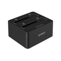 The ORICO 6629US3-C Dual Bay USB 3.0 HDD Dock in black lets you connect two hard drives, features visible slots, LED indicators on top, and includes a standalone clone function for convenience.
