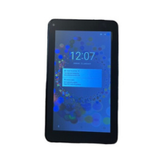 The Ollee M16071A is a certified refurbished 7" black Android tablet with 16GB storage, WiFi, and quad-core MediaTek processor, shown displaying 12:07 and notifications on a blue screen with circular patterns.