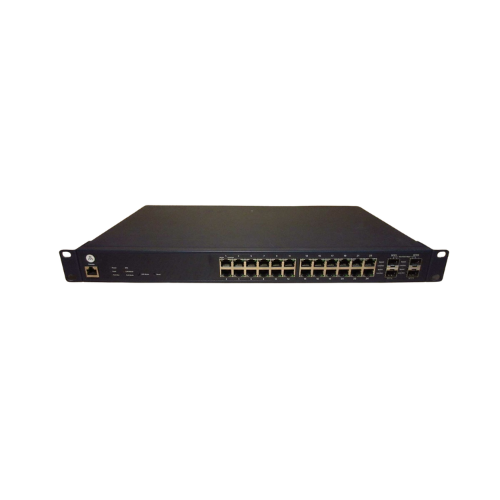 The Open Mesh OM S24V2 is a black, rack-mountable 24-port gigabit PoE+ cloud-managed switch (370W), shown isolated on a white background.