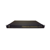 The Open Mesh OM S24V2 is a black, rack-mountable 24-port gigabit PoE+ cloud-managed switch (370W), shown isolated on a white background.