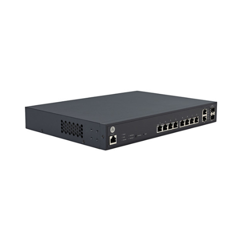 The Open Mesh OM S8 is a black, cloud-managed 8-Port GbE PoE+ switch (150W) with front-facing Ethernet ports, indicator lights, and side ventilation. Shown against a plain white background. Brand: Open Mesh. 1-year warranty included.