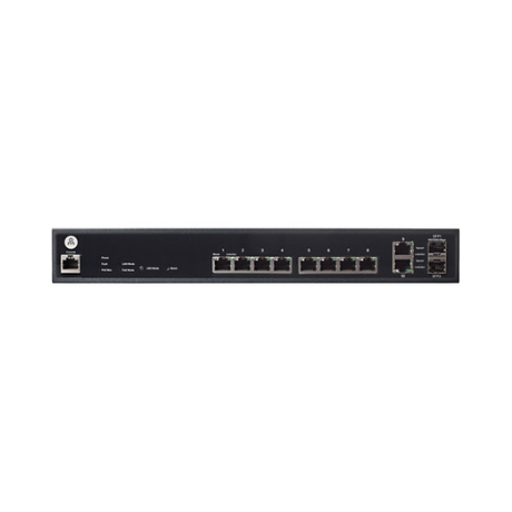 Front view of the Open Mesh OM S8, an 8-Port GbE PoE+ cloud-managed switch (150W, 1-year warranty), set against a white background.