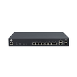 A black Open Mesh OM S8 8-Port Gbe PoE+ Cloud Managed Switch (150W, 1yr Wty) with multiple Ethernet ports on the front rests on a plain white background.