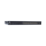 A certified refurbished Open Mesh S24-L 24-Port PoE+ GbE Cloud Managed Switch (250W, warranty) front-facing against a plain white background, showing 24 Ethernet ports and 2 additional side ports.