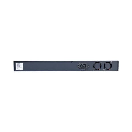 The image displays the back of an Open Mesh S24-L 24-Port PoE+ Gbe Cloud Managed Switch 250W, featuring a power socket, dual cooling fans, and a barcode sticker. The plain, industrial surface showcases its certified refurbished quality.