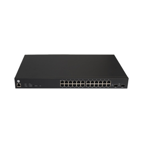 The Open Mesh S24v3 is a certified refurbished 24-port Gigabit PoE+ switch with SFP+ uplinks, indicator lights and buttons on the left front panel, in black. Brand: Open Mesh.