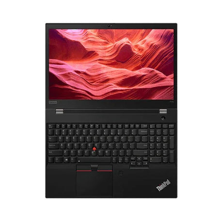 A black refurbished Lenovo ThinkPad P15S G2 with an 11th Gen Intel Core i7, 32GB RAM, and 512GB SSD is shown from above, displaying a red and pink abstract landscape on its 15.6" touch screen along with the keyboard and touchpad.
