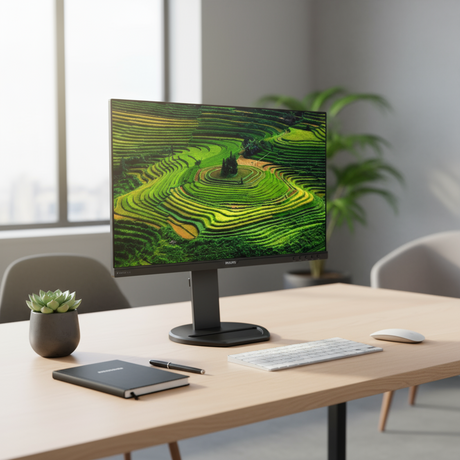 A Philips 241B8Q 24" IPS Monitor (1920x1080) displays vivid green terraced rice fields at an angle, highlighting its thin-bezel black stand design.