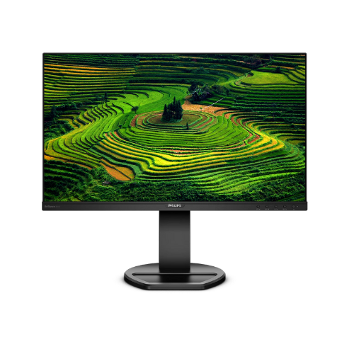 The Philips 241B8Q 24" IPS Monitor (1920x1080) features thin black bezels, a rectangular stand, and vibrant color reproduction—shown here displaying lush green terraced fields against a white background.