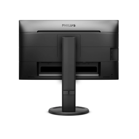 A black Philips 241B8Q 24" IPS Monitor is seen from the back, highlighting its adjustable stand and base. The PHILIPS logo appears at the top center. This certified refurbished model offers a Full HD 1920x1080 display with HDMI, DP, and USB connectivity.