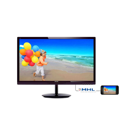 A Philips 244E5 24" AH-IPS Monitor (1920x1080) displays a child running on a beach with balloons, mirrored on a smartphone beside it—showcasing seamless MHL screen mirroring.