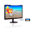 A Philips 244E5 24" AH-IPS Monitor (1920x1080) shows a child running on the beach with colorful balloons, while a smartphone beside it displays the same image, demonstrating screen mirroring via MHL.
