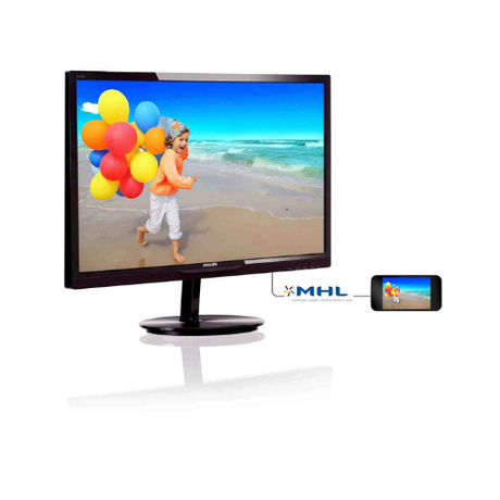 A Philips 244E5 24" AH-IPS Monitor (1920x1080) shows a child running on the beach with colorful balloons, while a smartphone beside it displays the same image, demonstrating screen mirroring via MHL.
